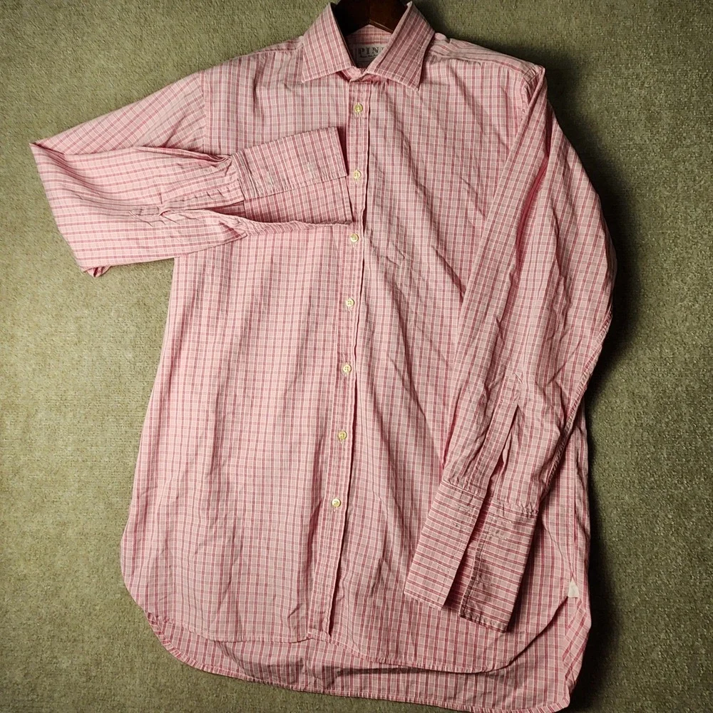 Thomas Pink Dress Shirt Mens 16.5 34 Pink White Check Button Down Double Cuff